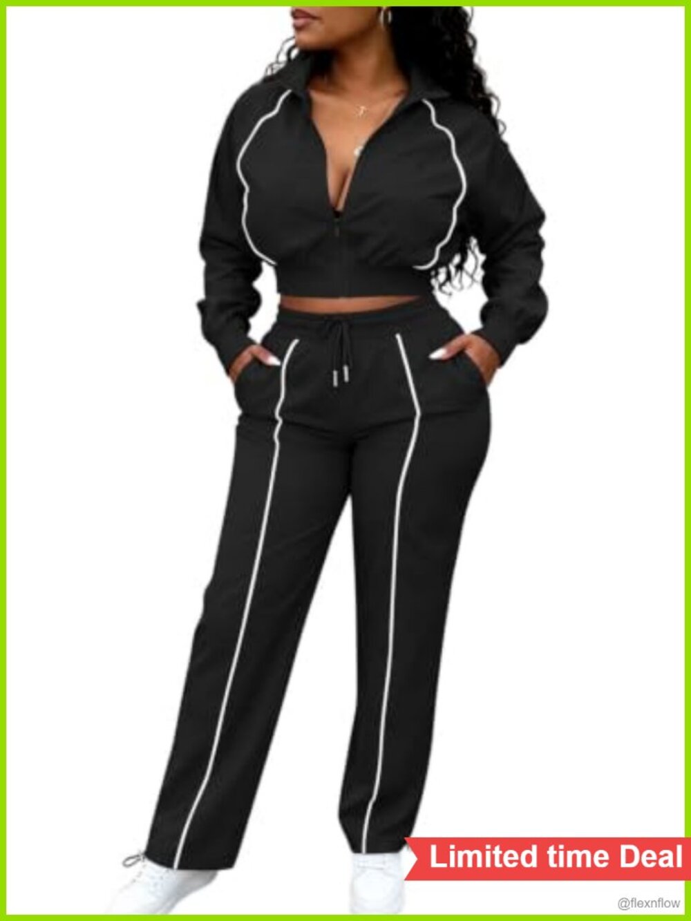Women's 2 Piece Windbreaker Tracksuit Cropped Zip Jacket Wide Leg Jogger Set
